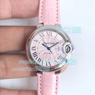 Swiss Replica Cartier Ballon Bleu De Cartier Pink Dial Pink Leather Strap Watch